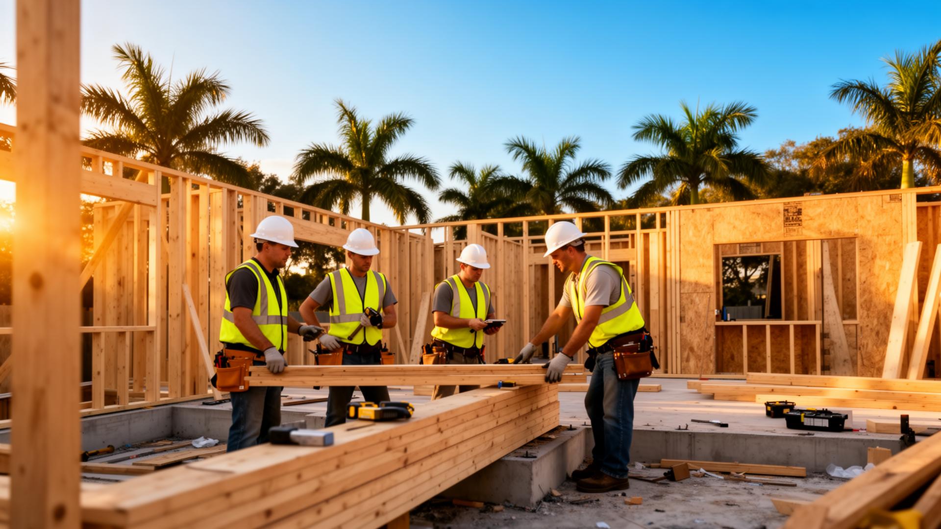 Construction crew framing a home at sunset in Tampa, FL
